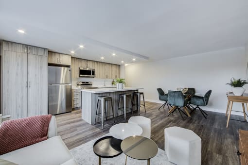 a living area with a kitchen and dining area