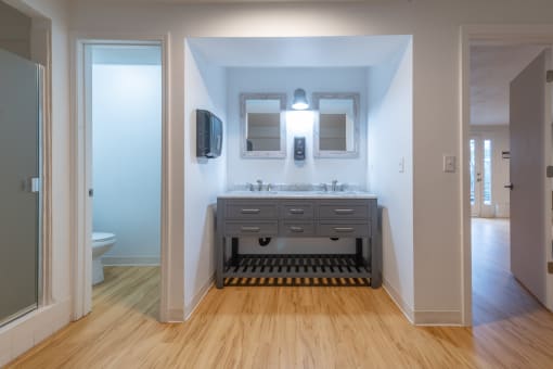 a bathroom with a sink and a mirror
