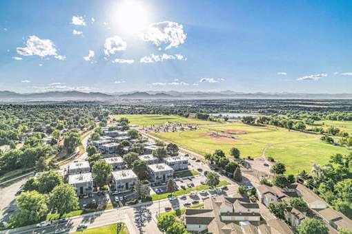 A sunny day in a residential area with houses and greenery.