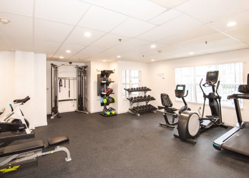 a gym with cardio equipment and weights in a room with windows