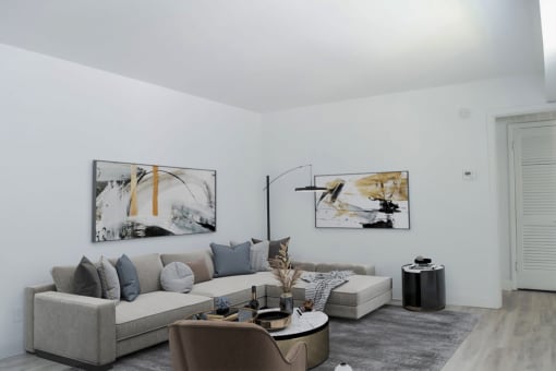 a living room with a couch and a table