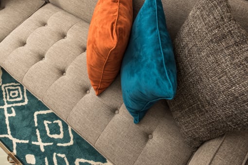 two pillows on a couch with a rug