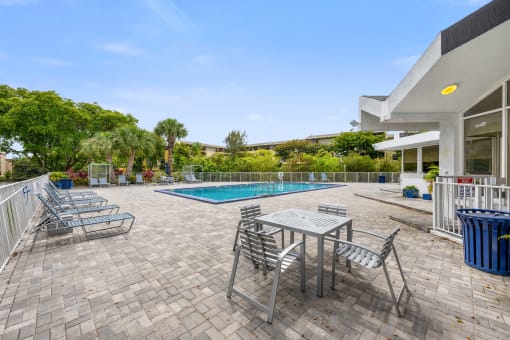 the pool area of a house with a swimming pool and patio furniture