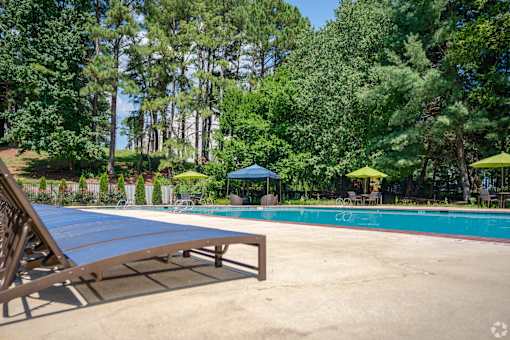 A pool surrounded by trees and umbrellas.