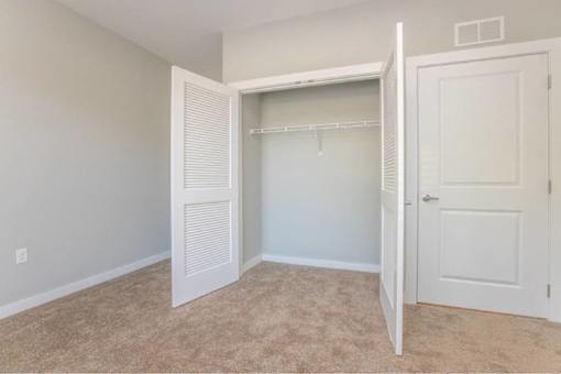 A white closet with a carpeted floor and a white door.