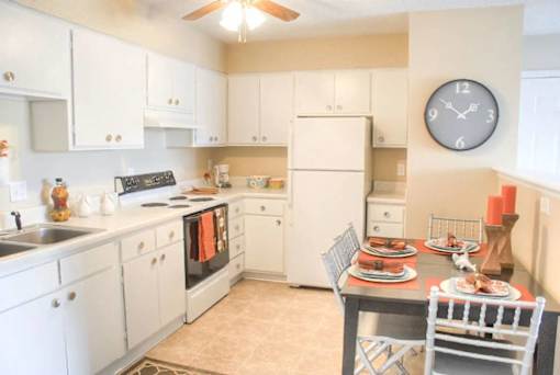 A kitchen with a table set for two with plates and candles.