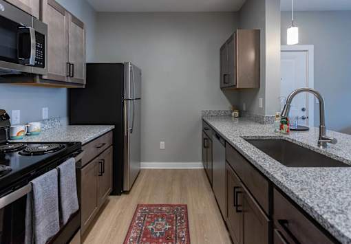 A kitchen with a black refrigerator, a microwave above the stove, and a sink with a faucet.