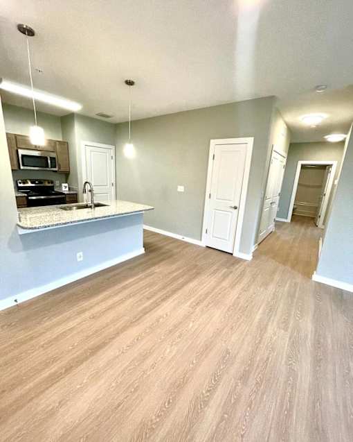 A kitchen with a countertop and cabinets.