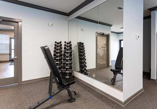 A gym room with a mirror, weights, and a bench.