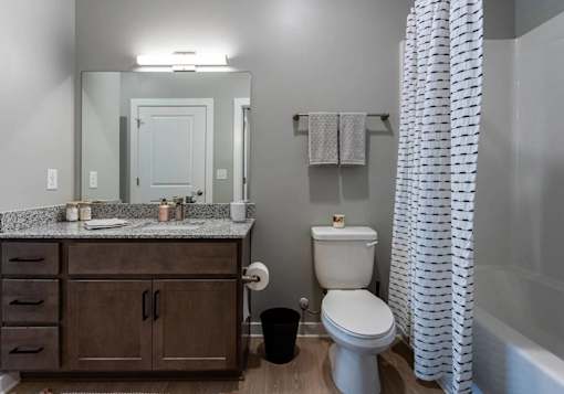 A bathroom with a white toilet, a wooden cabinet, and a shower curtain.