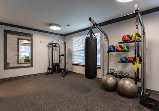 A well-equipped gym with a punching bag, exercise balls, and a rack of resistance bands.