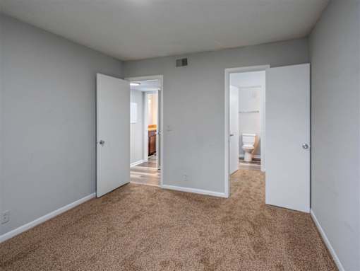 A room with carpeted floor and two open doors leading to other rooms.