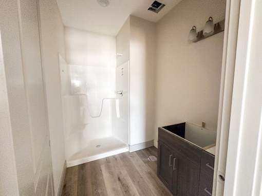 A bathroom with a walk-in shower.