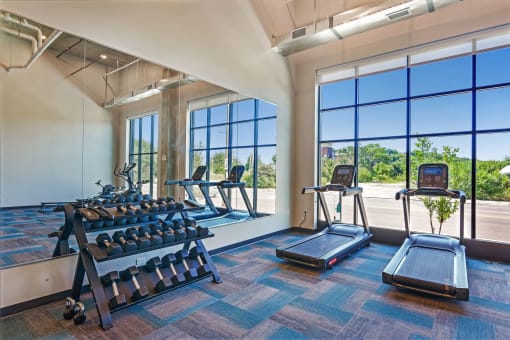 a gym with cardio equipment and windows with a view of the outdoors