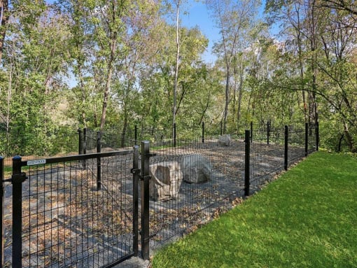 a fenced in area with trees in the background