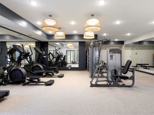fitness center with ellipticals and weight machines