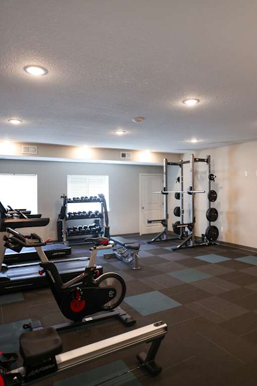 A gym with a rowing machine, a bench press, and a squat rack.