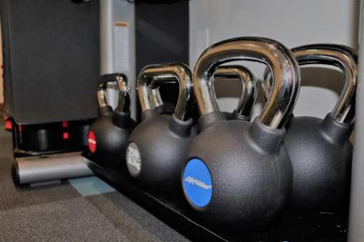 A set of kettlebells with a blue logo on them are on a rack.