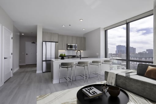 a kitchen and living room in a 555 waverly unit at Platform 4611, Illinois, 60640