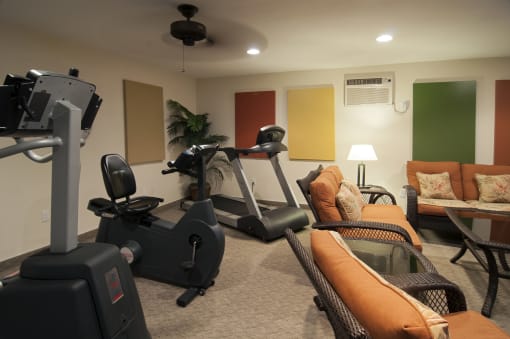 a home gym with a treadmill and exercise bike