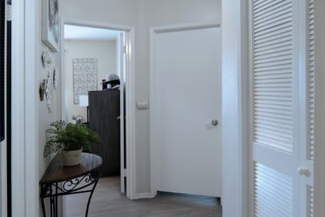 A white door is in a hallway with a table and plant in the room.