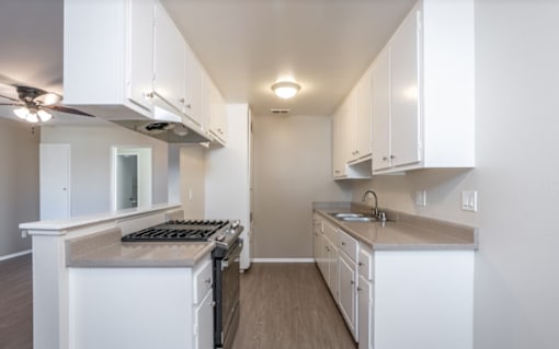 A kitchen with white cabinets and a countertop.