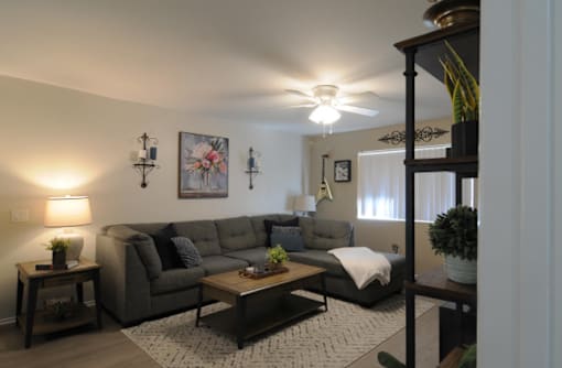A living room with a grey couch and a coffee table.
