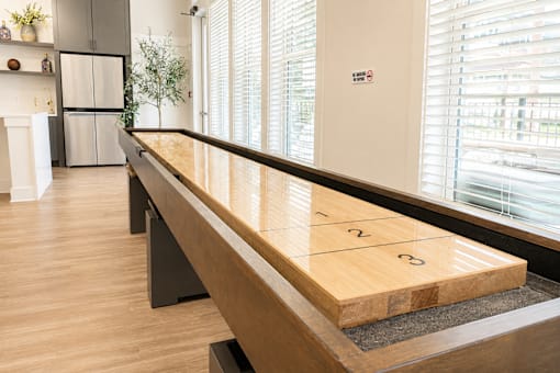 A shuffleboard table in a room with a refrigerator and a plant in the background.