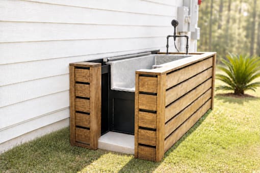 A wooden outdoor sink with a faucet is placed on a grassy area next to a house.