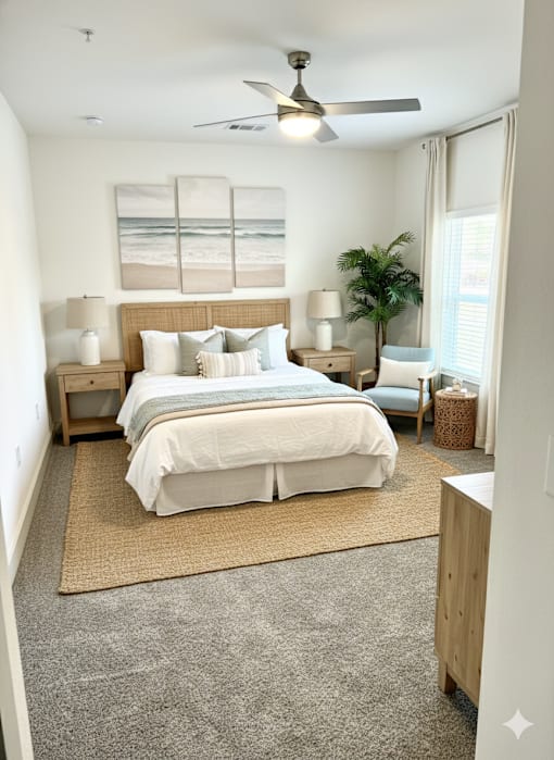 A bedroom with a large bed and a ceiling fan.