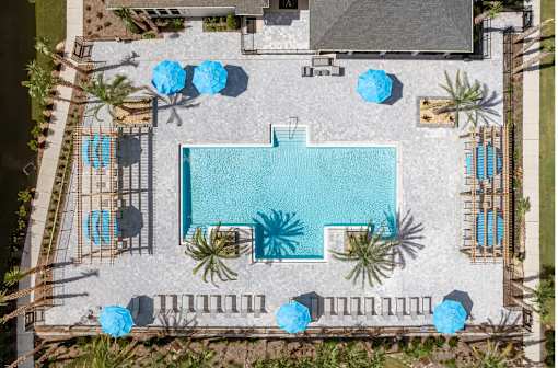 An aerial view of a pool surrounded by palm trees and umbrellas.