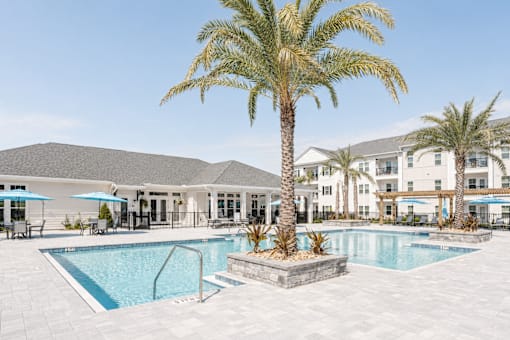 A palm tree stands in the middle of a pool.