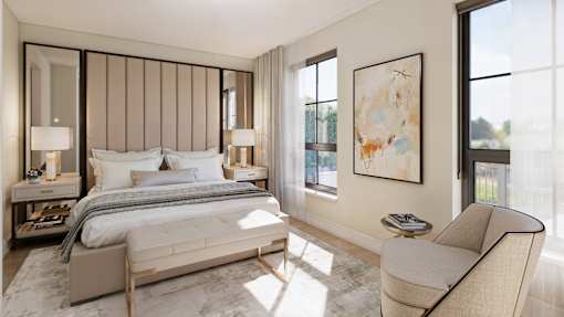 A bedroom with a large bed, a chair, and a painting on the wall.