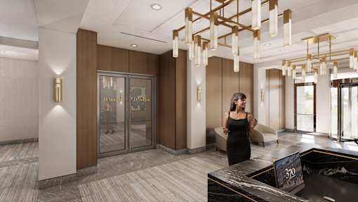 A woman in a black dress stands in a room with a glass door and a sign that says "30".