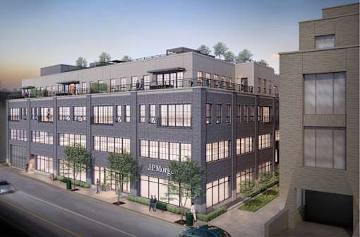 A rendering of a modern multi-story building with a flat roof and large windows.