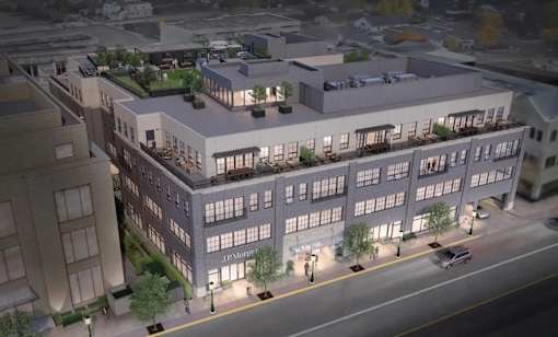 A rendering of a modern building with the name "HPMOFFICE" on the side.