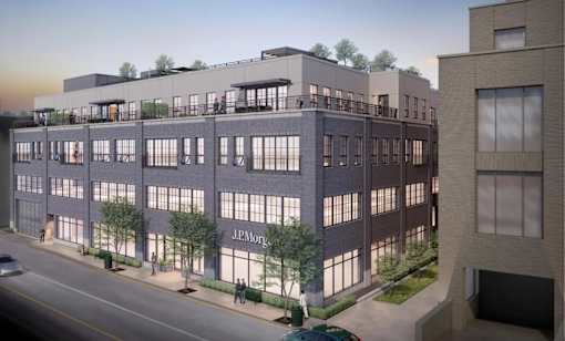 A rendering of a modern building with the name "JPMorgan" on the front.