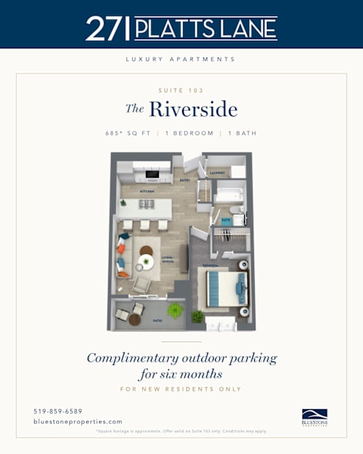 A floor plan for a riverside apartment at 27 Platts Lane.