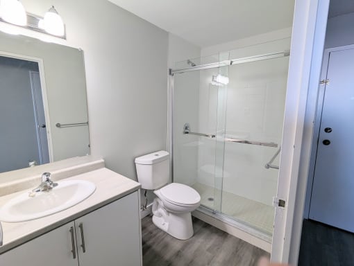 a bathroom with a toilet sink and shower