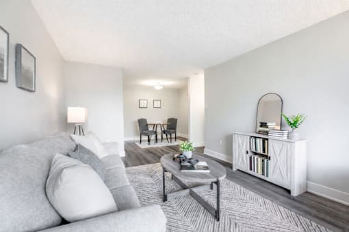 A living room with a grey couch, a black coffee table, and a white cabinet.