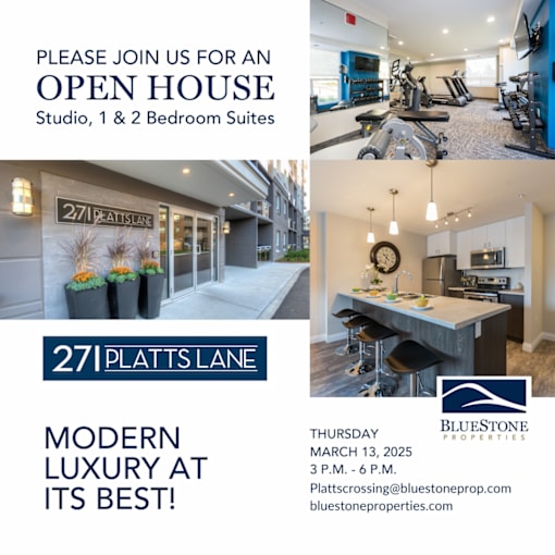 A flyer for an open house at 27 Platts Lane, featuring images of a gym and a kitchen.