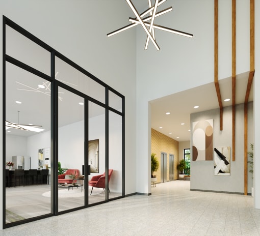 a rendering of a lobby with a lobby chandelier