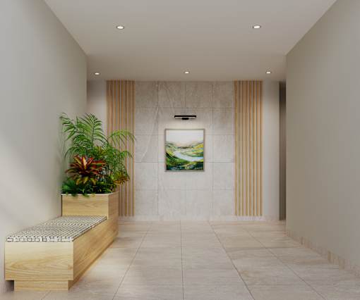 A long hallway with a bench and a painting on the wall.