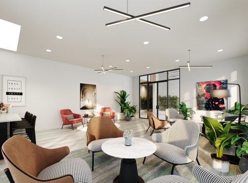 a rendering of a lobby with chairs and couches