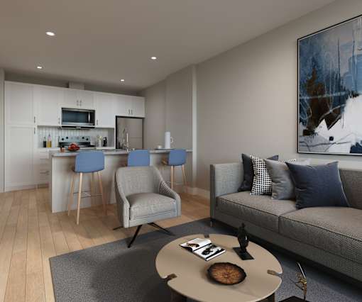 A modern living room with a grey couch, a coffee table, and a kitchen area in the background.