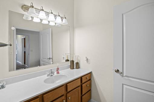 a bathroom with a sink and mirror and a door to a shower