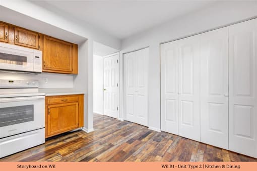 A kitchen with wooden cabinets and white appliances.