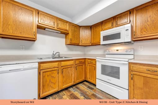 A kitchen with wooden cabinets and white appliances.