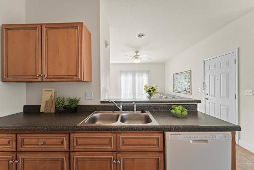 a kitchen with wooden cabinets and a sink