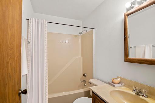 A bathroom with a white shower curtain and a wooden door.